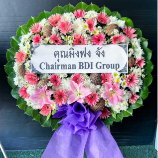 พวงหรีดดอกไม้สดโทนชมพูม่วงขาว รหัส L06 ขนาดใหญ่