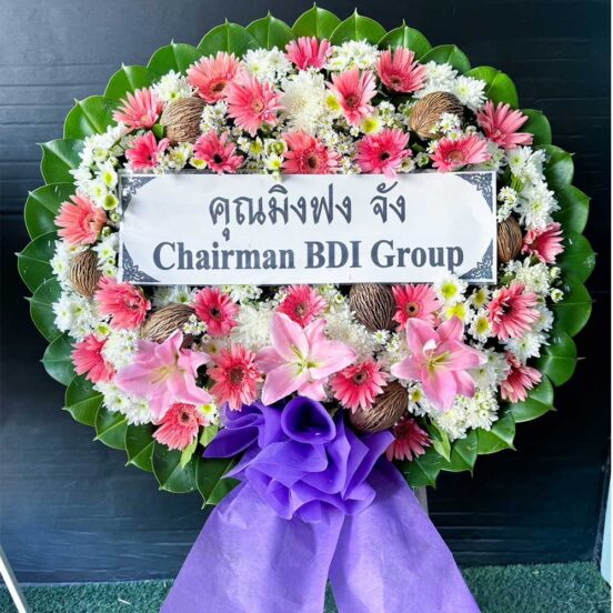 พวงหรีดดอกไม้สดโทนชมพูม่วงขาว รหัส L06 ขนาดใหญ่