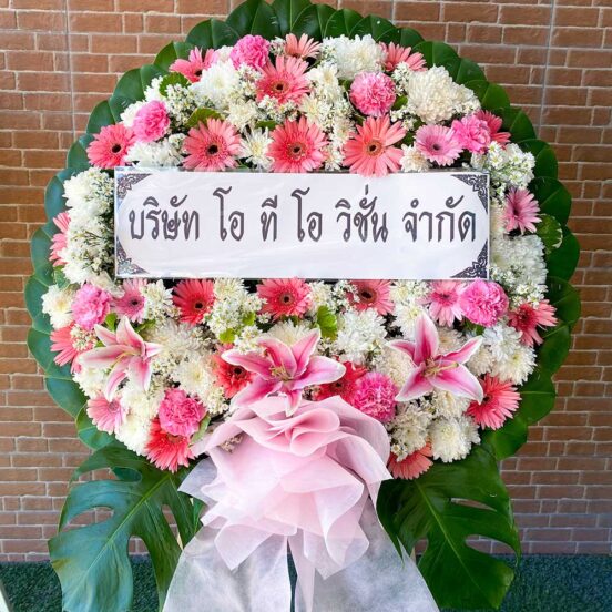 วงหรีดดอกไม้สดโทนชมพูขาว ขนาดใหญ่ รหัส L02