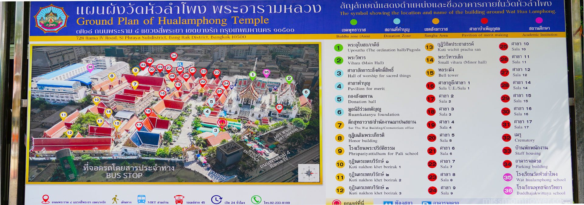 แผนผังภายในวัดหัวลำโพง แสดงสถานที่ตั้งของอาคารต่างๆ รวมทั้งศาลางานศพทั้ง 16 ศาลา